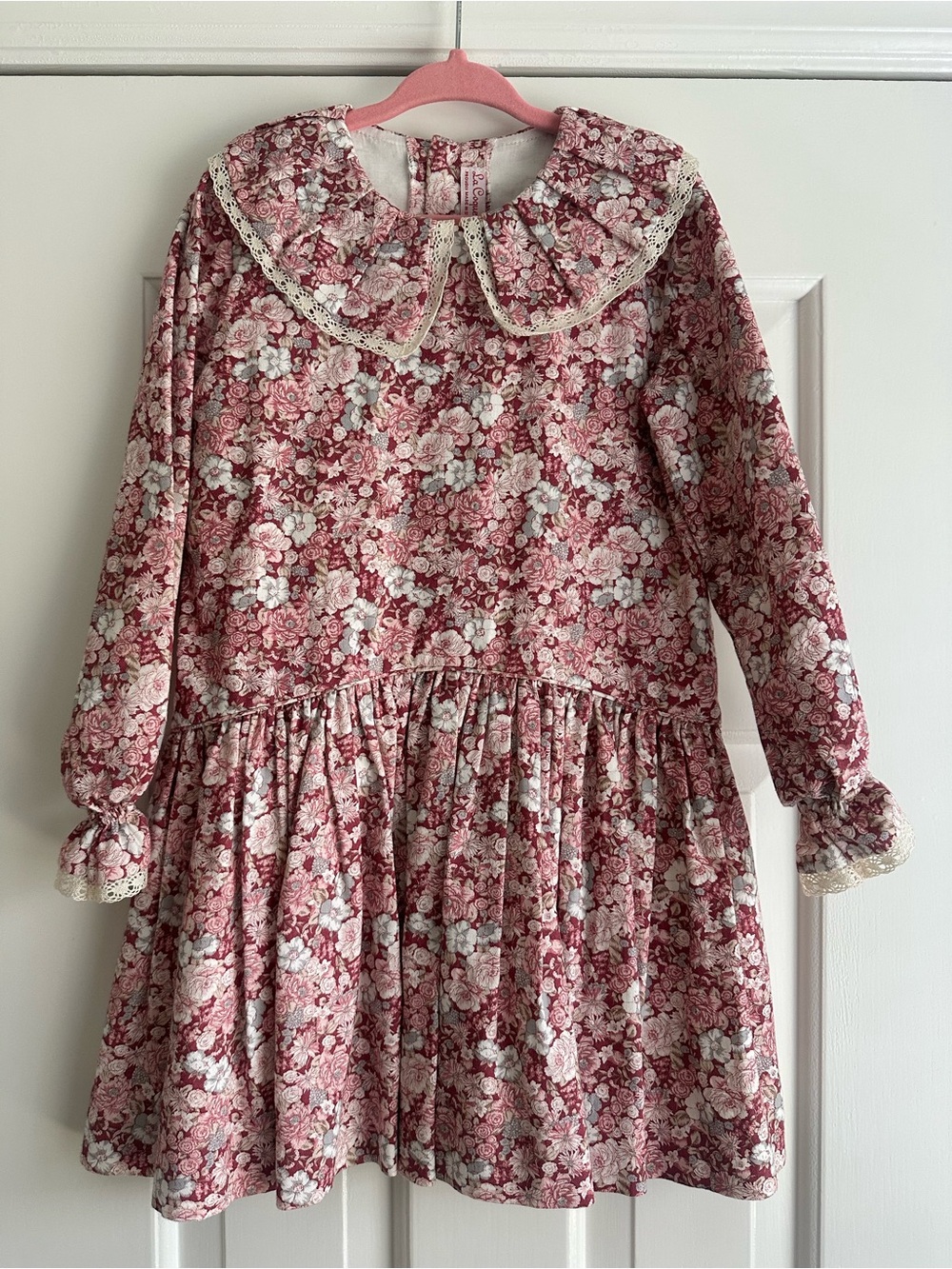 Girls Pink Floral Long-Sleeve Dress with Lace Collar